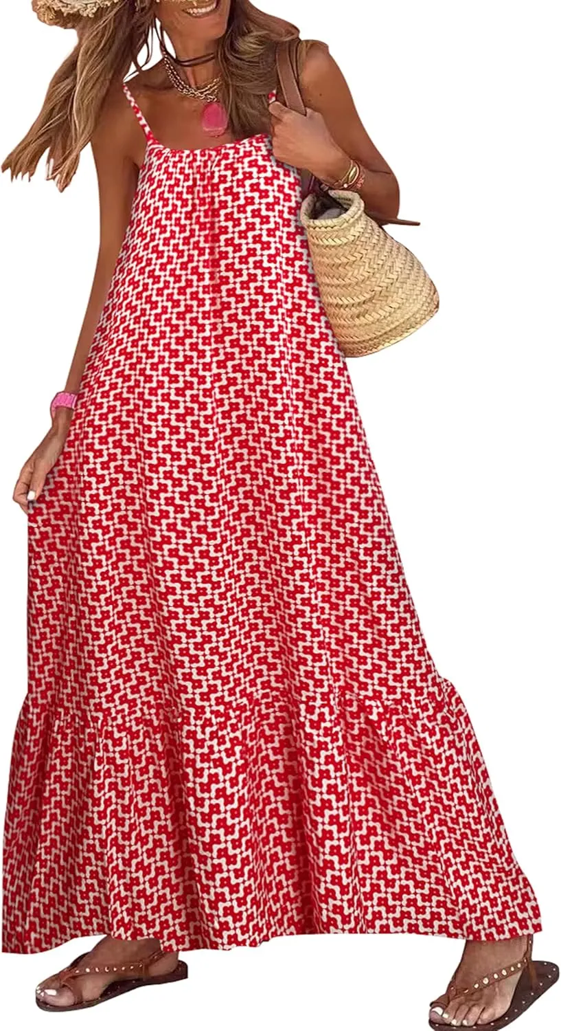 miduo Womens Summer Bohemian Pattern Spaghetti Straps Sleeveless Casual Maxi Long Dresses