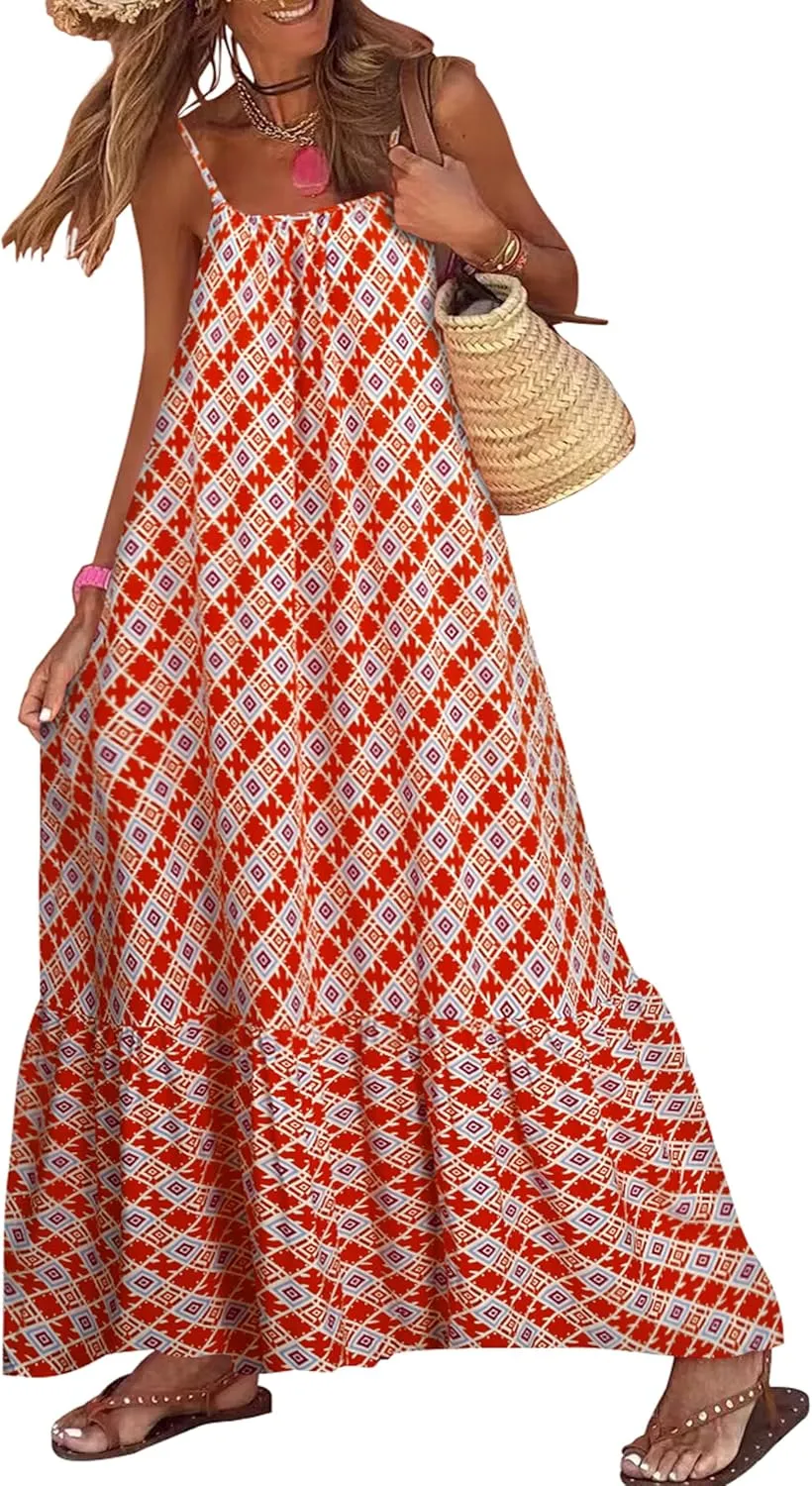 miduo Womens Summer Bohemian Pattern Spaghetti Straps Sleeveless Casual Maxi Long Dresses