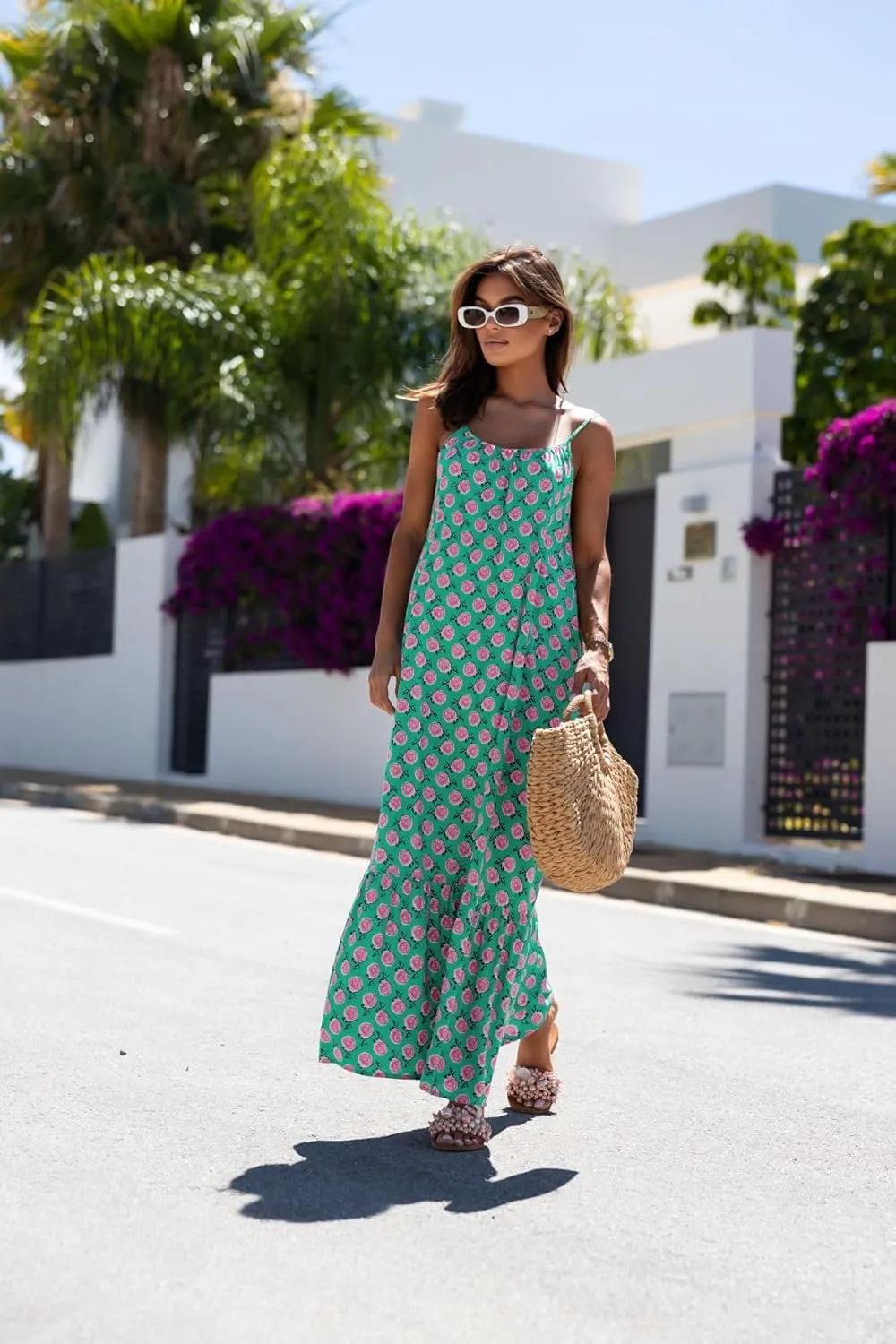 miduo Womens Summer Bohemian Pattern Spaghetti Straps Sleeveless Casual Maxi Long Dresses