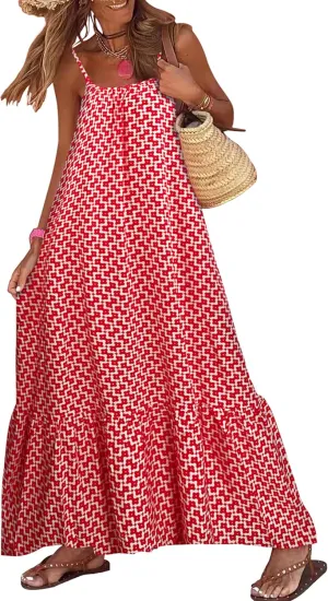 miduo Womens Summer Bohemian Pattern Spaghetti Straps Sleeveless Casual Maxi Long Dresses