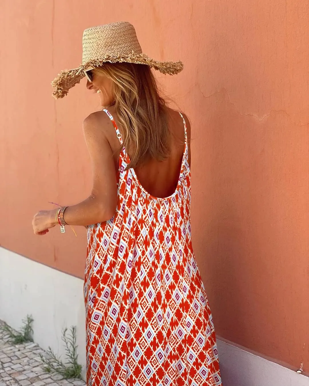 miduo Womens Summer Bohemian Pattern Spaghetti Straps Sleeveless Casual Maxi Long Dresses