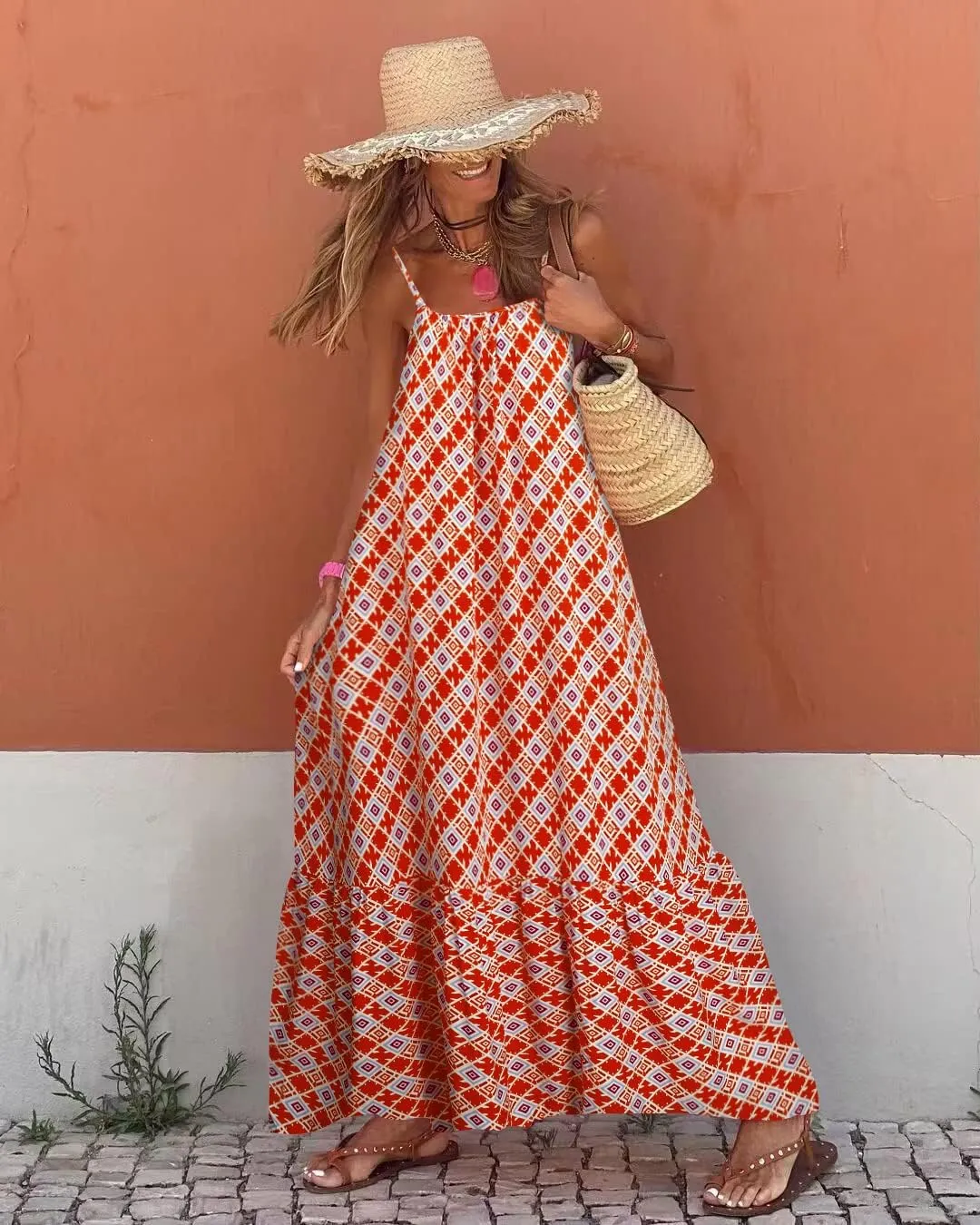 miduo Womens Summer Bohemian Pattern Spaghetti Straps Sleeveless Casual Maxi Long Dresses