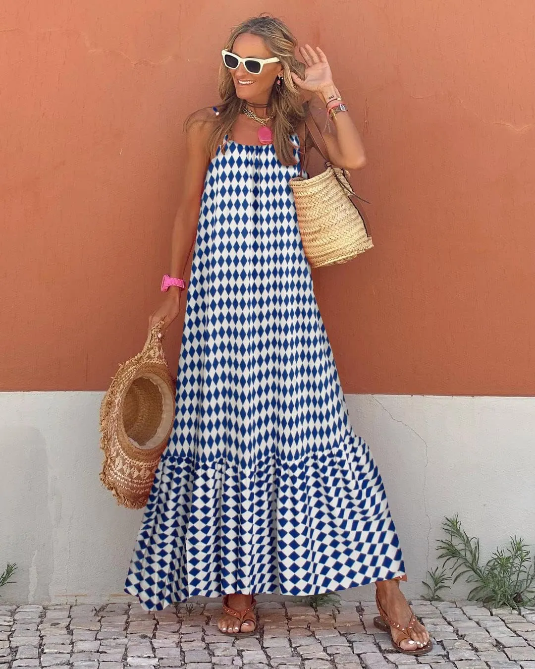 miduo Womens Summer Bohemian Pattern Spaghetti Straps Sleeveless Casual Maxi Long Dresses