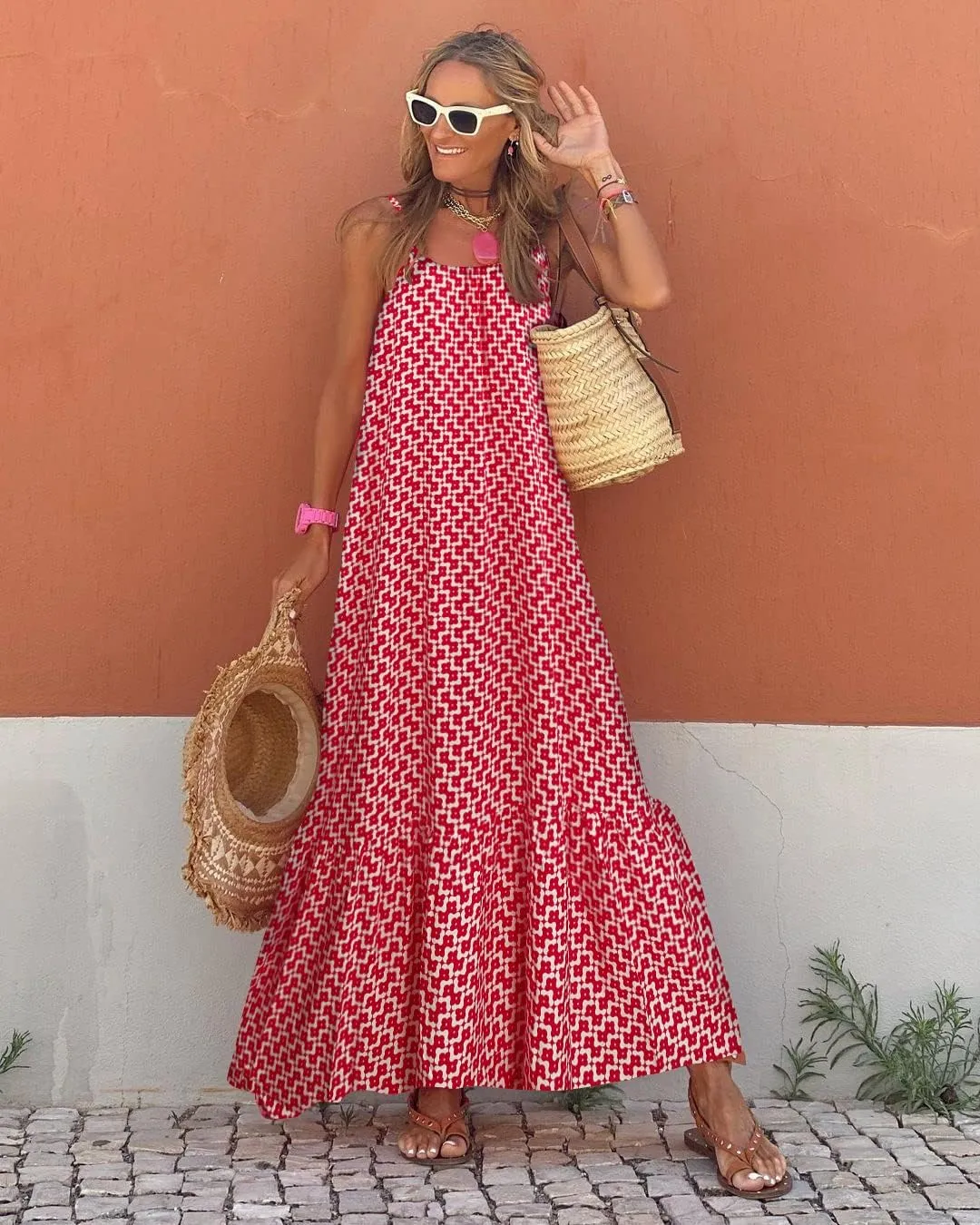 miduo Womens Summer Bohemian Pattern Spaghetti Straps Sleeveless Casual Maxi Long Dresses