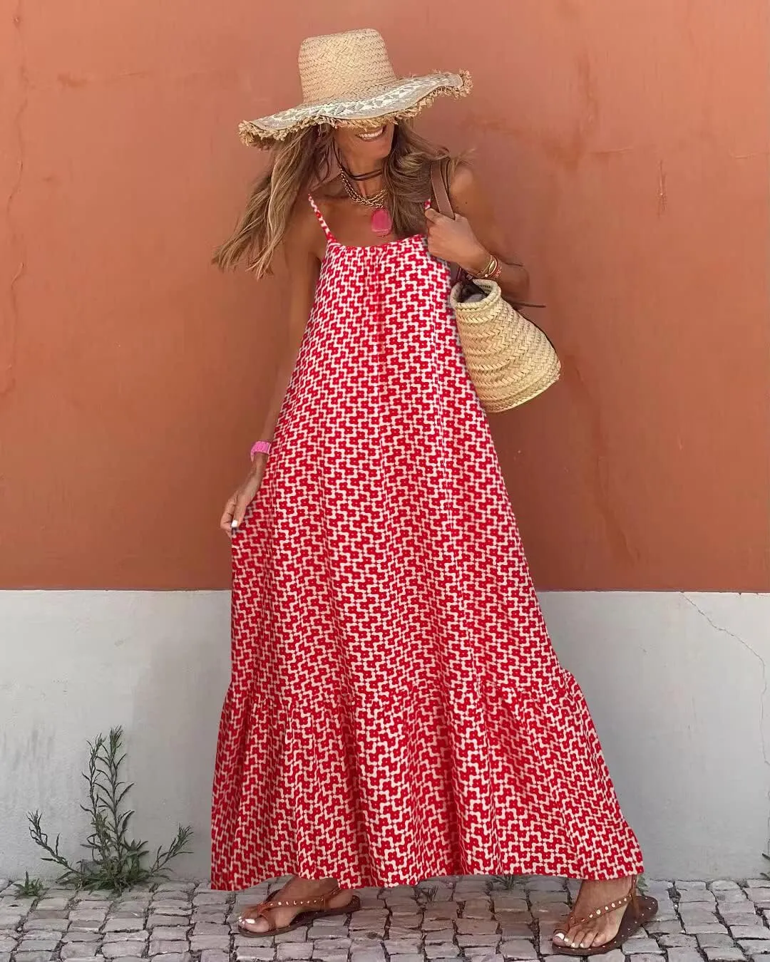 miduo Womens Summer Bohemian Pattern Spaghetti Straps Sleeveless Casual Maxi Long Dresses
