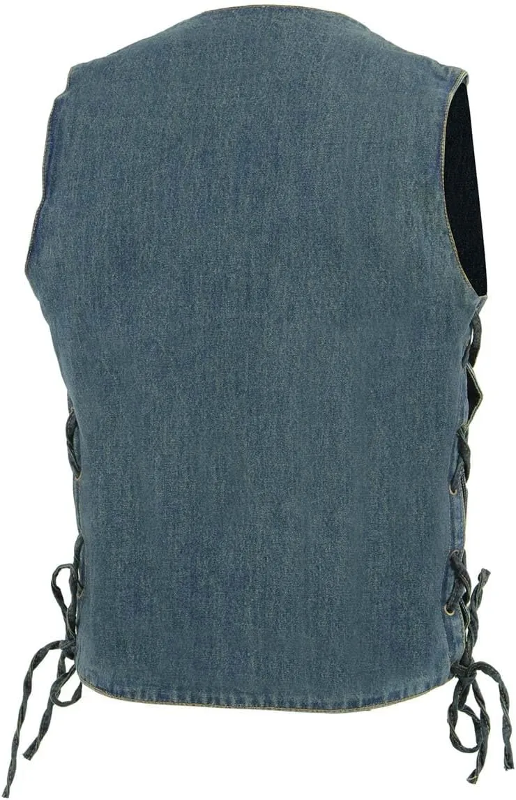 Milwaukee Leather DM1989 Men's Blue Denim '10 Pocket' Motorcycle Bikers Rider Vest with Side Laces