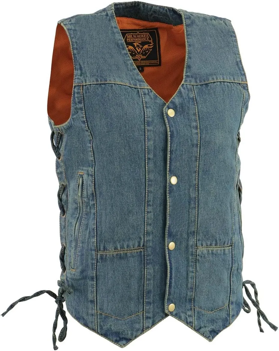 Milwaukee Leather DM1989 Men's Blue Denim '10 Pocket' Motorcycle Bikers Rider Vest with Side Laces