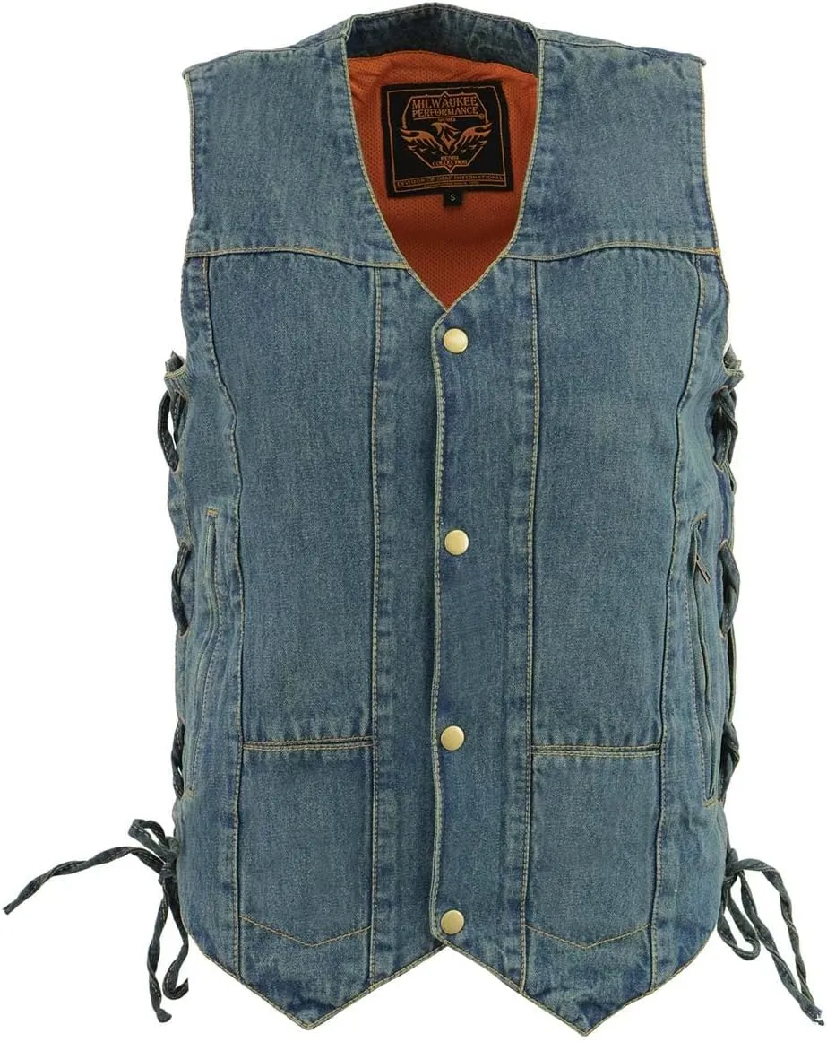 Milwaukee Leather DM1989 Men's Blue Denim '10 Pocket' Motorcycle Bikers Rider Vest with Side Laces