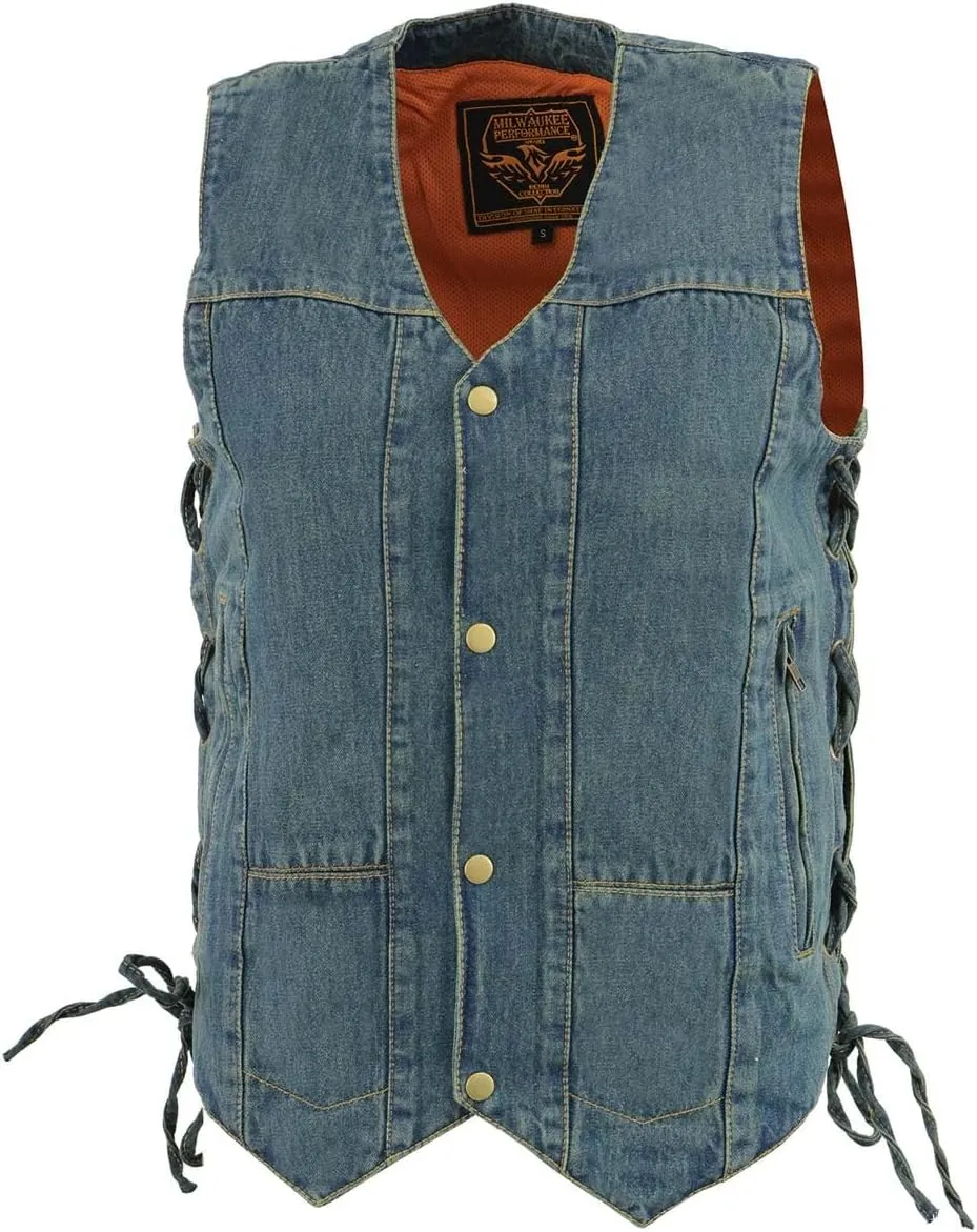 Milwaukee Leather DM1989 Men's Blue Denim '10 Pocket' Motorcycle Bikers Rider Vest with Side Laces