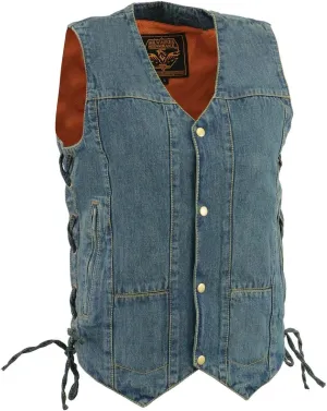Milwaukee Leather DM1989 Men's Blue Denim '10 Pocket' Motorcycle Bikers Rider Vest with Side Laces