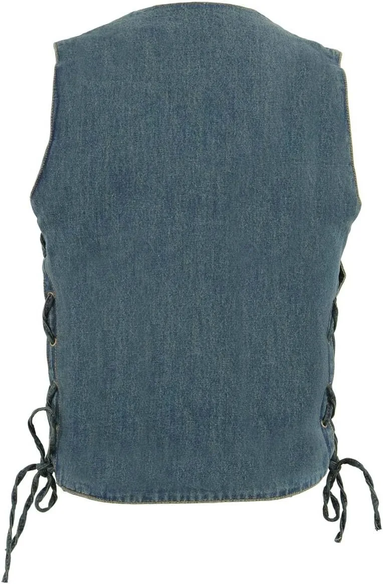 Milwaukee Leather DM1989 Men's Blue Denim '10 Pocket' Motorcycle Bikers Rider Vest with Side Laces