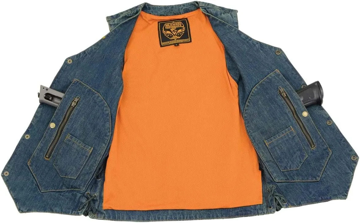 Milwaukee Leather DM1989 Men's Blue Denim '10 Pocket' Motorcycle Bikers Rider Vest with Side Laces