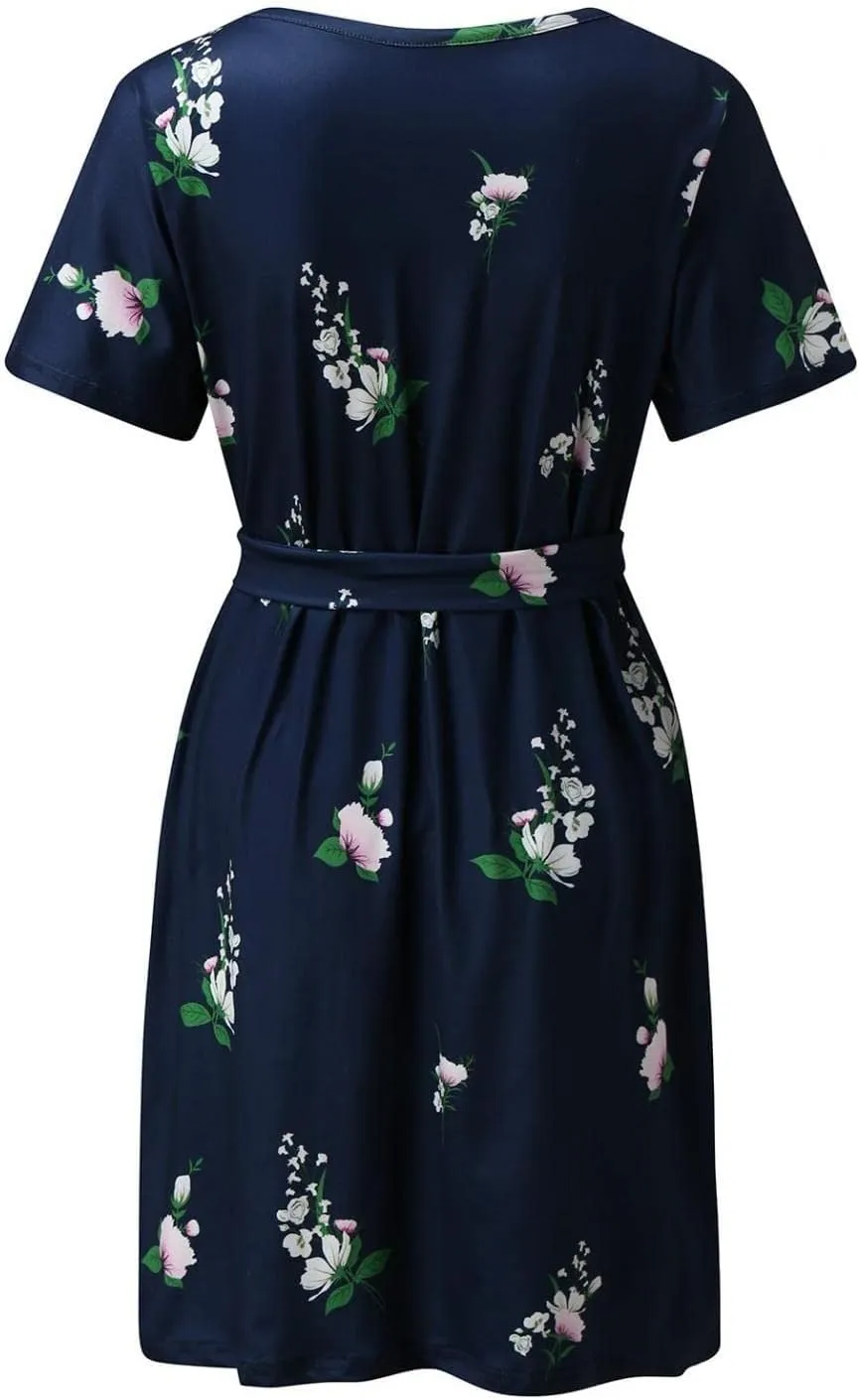 MINGXIN Floral Print Mini Dresses for Women Casual Short Sleeve Party Dress Loose Tie Waist Dresses with Pocket