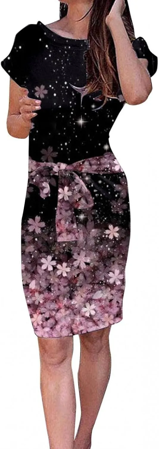 MINGXIN Floral Print Mini Dresses for Women Casual Short Sleeve Party Dress Loose Tie Waist Dresses with Pocket