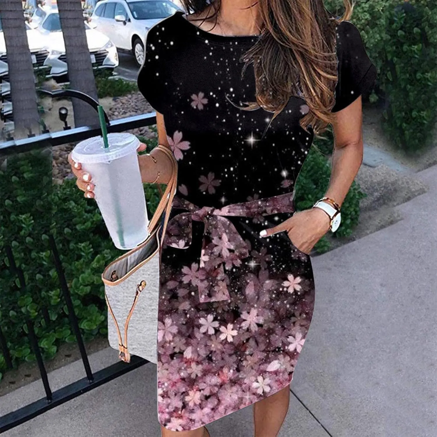 MINGXIN Floral Print Mini Dresses for Women Casual Short Sleeve Party Dress Loose Tie Waist Dresses with Pocket