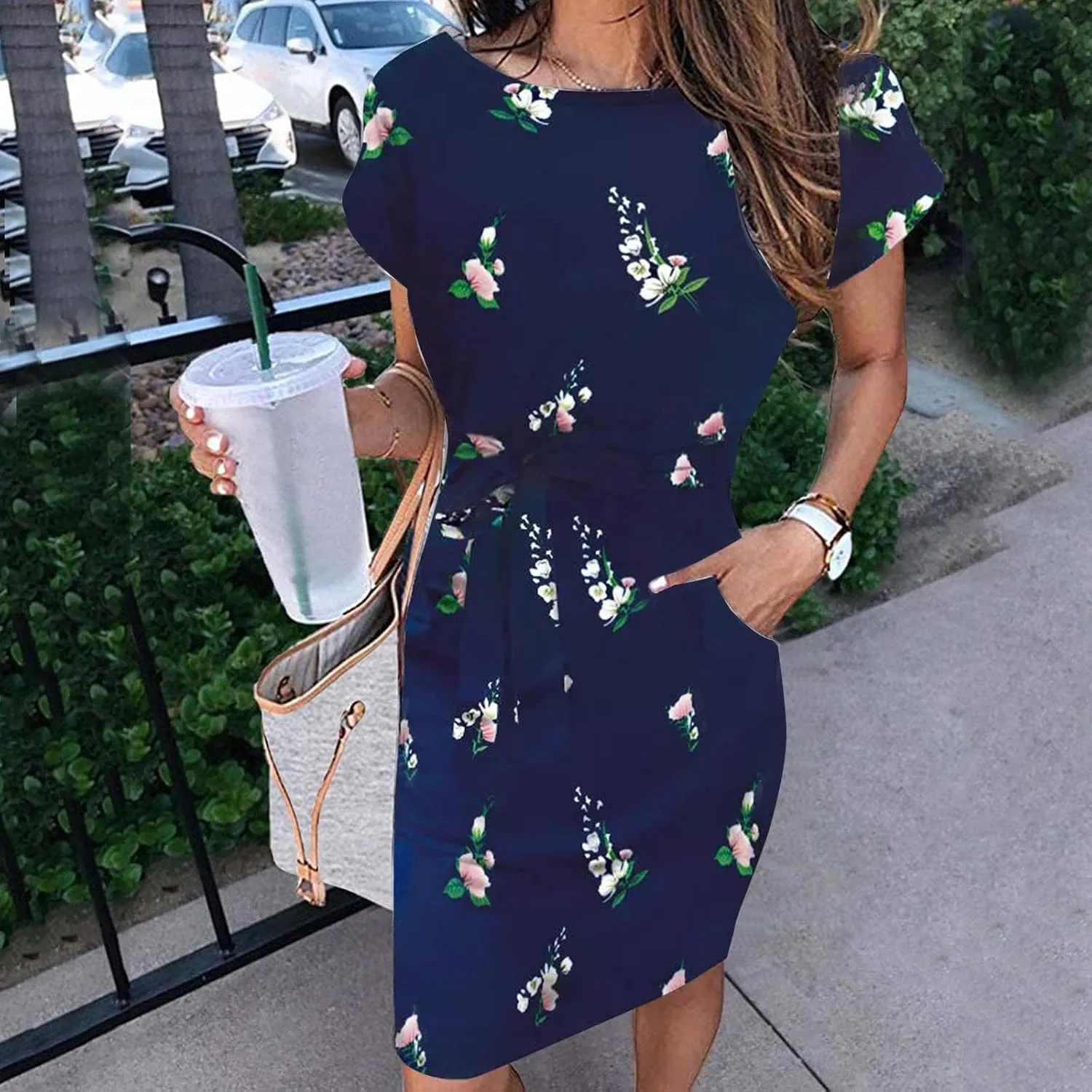 MINGXIN Floral Print Mini Dresses for Women Casual Short Sleeve Party Dress Loose Tie Waist Dresses with Pocket