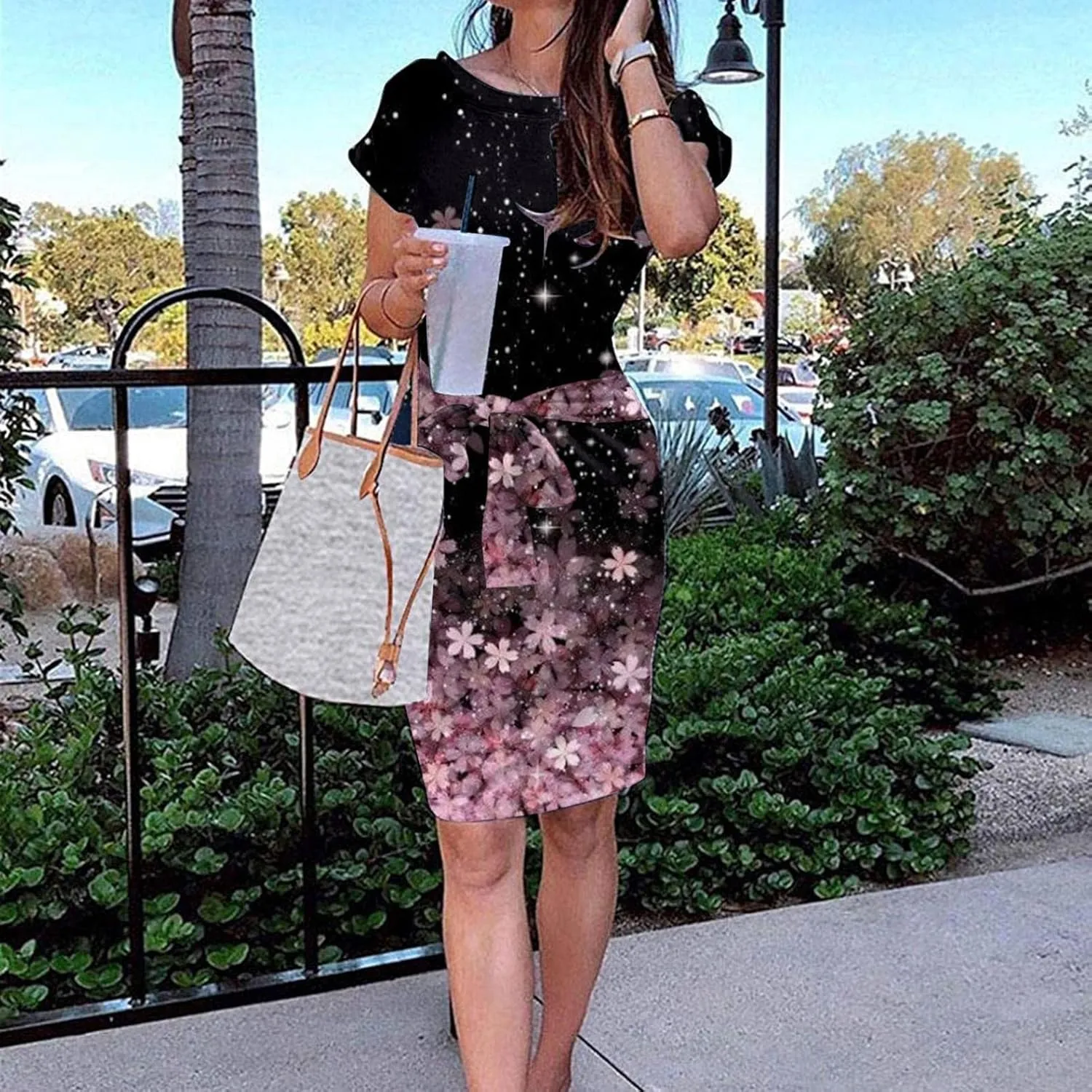 MINGXIN Floral Print Mini Dresses for Women Casual Short Sleeve Party Dress Loose Tie Waist Dresses with Pocket