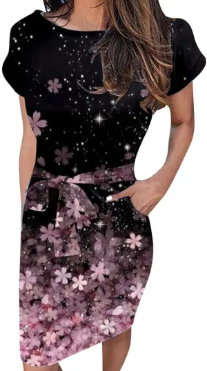 MINGXIN Floral Print Mini Dresses for Women Casual Short Sleeve Party Dress Loose Tie Waist Dresses with Pocket