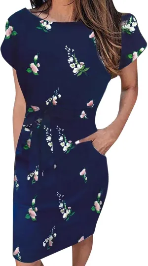 MINGXIN Floral Print Mini Dresses for Women Casual Short Sleeve Party Dress Loose Tie Waist Dresses with Pocket