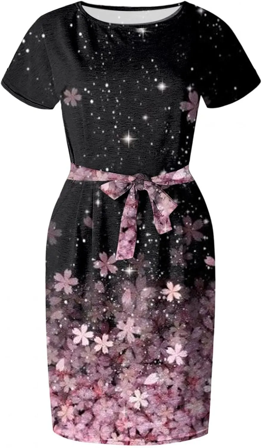 MINGXIN Floral Print Mini Dresses for Women Casual Short Sleeve Party Dress Loose Tie Waist Dresses with Pocket
