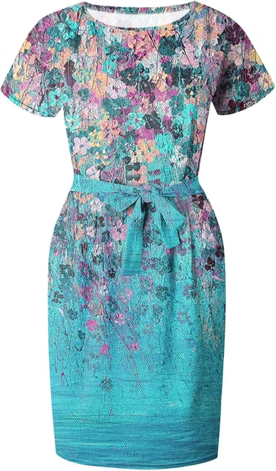MINGXIN Floral Print Mini Dresses for Women Casual Short Sleeve Party Dress Loose Tie Waist Dresses with Pocket
