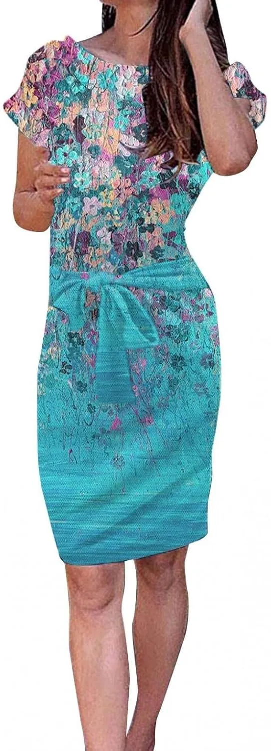 MINGXIN Floral Print Mini Dresses for Women Casual Short Sleeve Party Dress Loose Tie Waist Dresses with Pocket