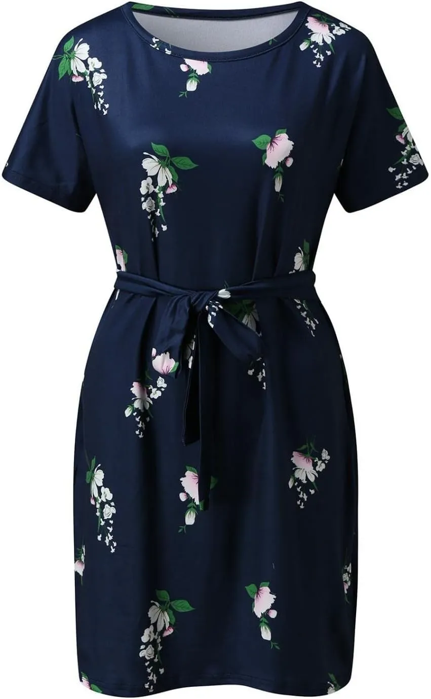 MINGXIN Floral Print Mini Dresses for Women Casual Short Sleeve Party Dress Loose Tie Waist Dresses with Pocket
