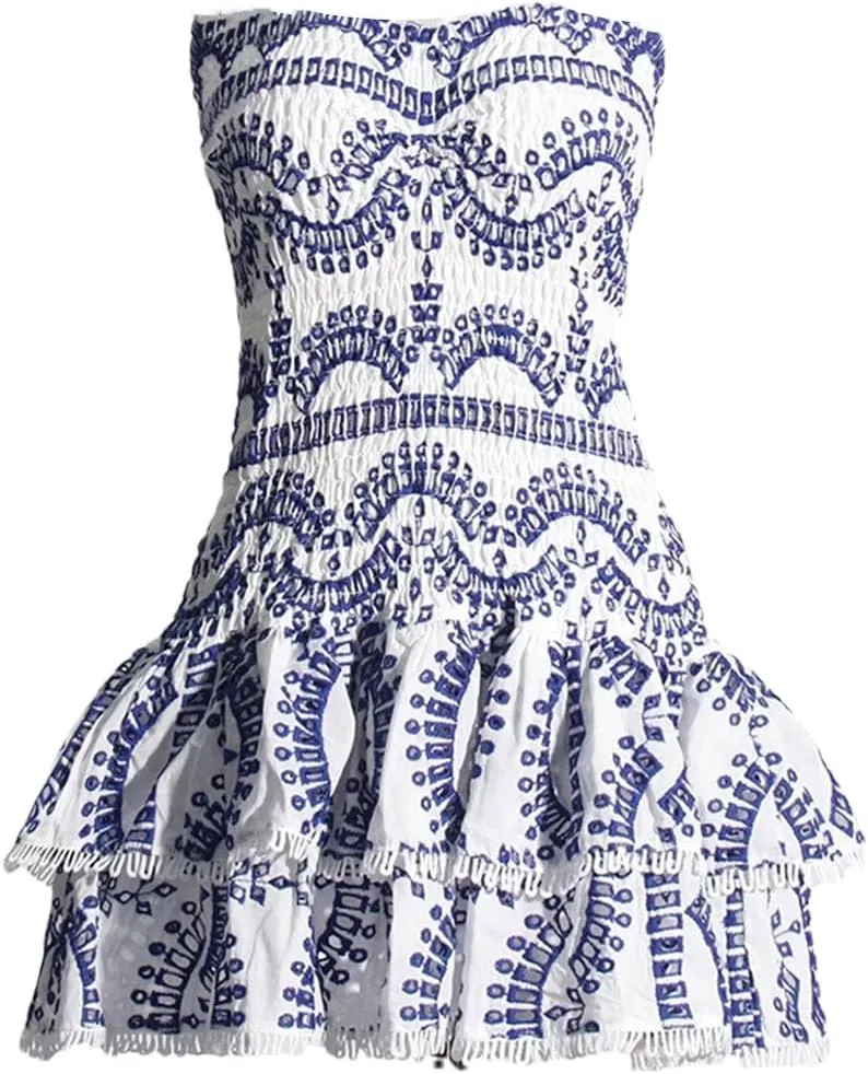 Mini A Line Dresses Strapless Sleeveless High Waist Spliced Ruffles Hem Elegant Slim Dress