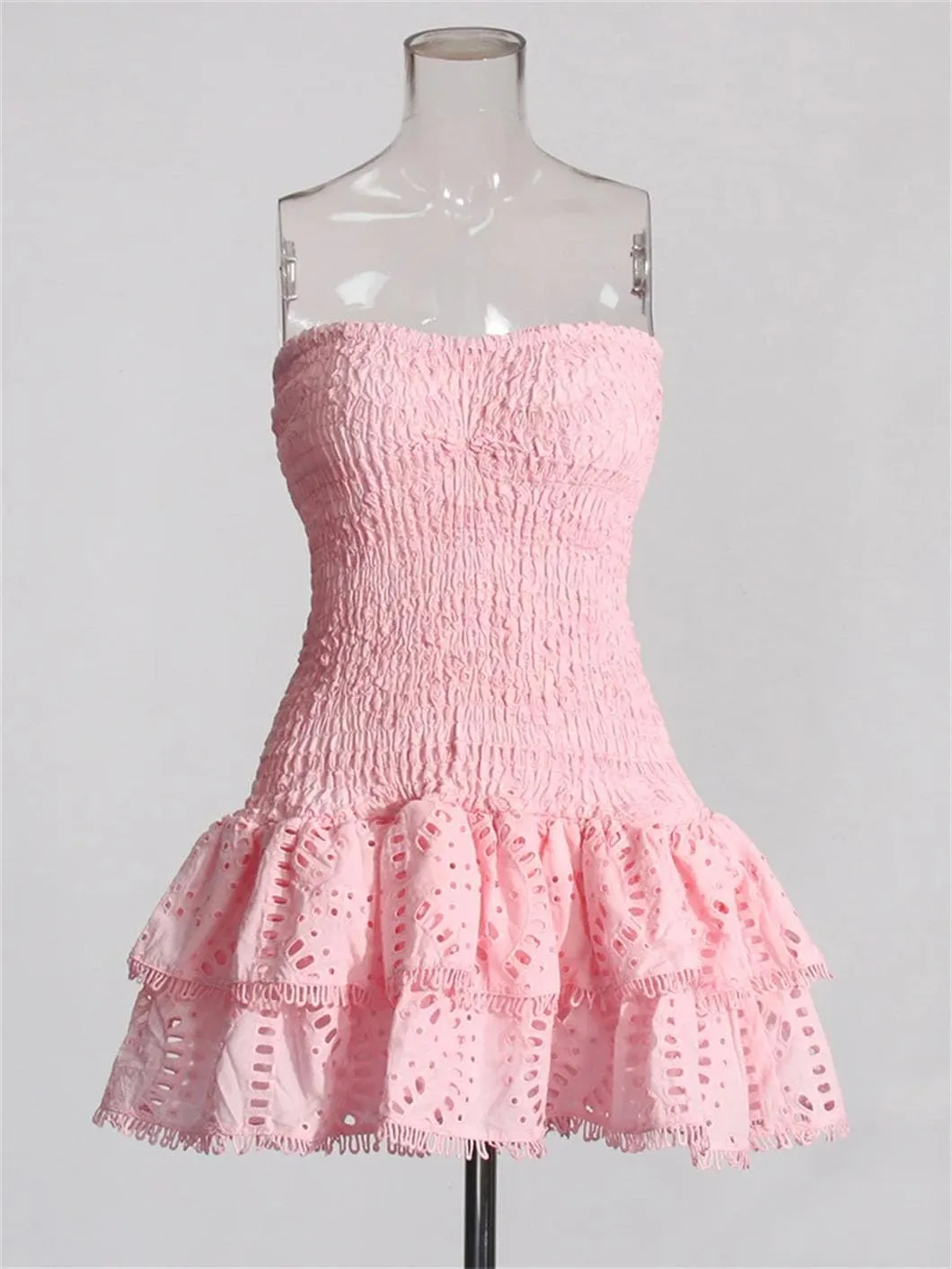Mini A Line Dresses Strapless Sleeveless High Waist Spliced Ruffles Hem Elegant Slim Dress