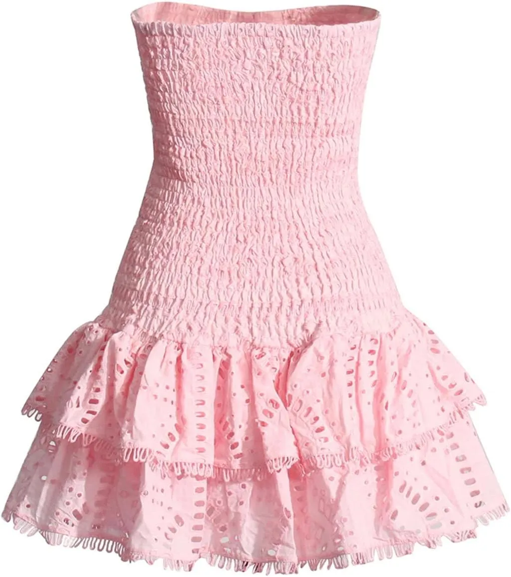 Mini A Line Dresses Strapless Sleeveless High Waist Spliced Ruffles Hem Elegant Slim Dress
