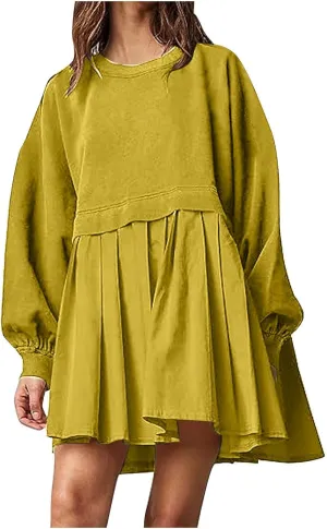 Mini Dress for Women Fall 2024 Color Block Patchwork Pleated Casual Soft Flowy Dress Outdoor Babydoll Bodycon Dresses