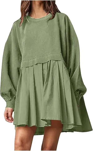 Mini Dress for Women Fall 2024 Color Block Patchwork Pleated Casual Soft Flowy Dress Outdoor Babydoll Bodycon Dresses
