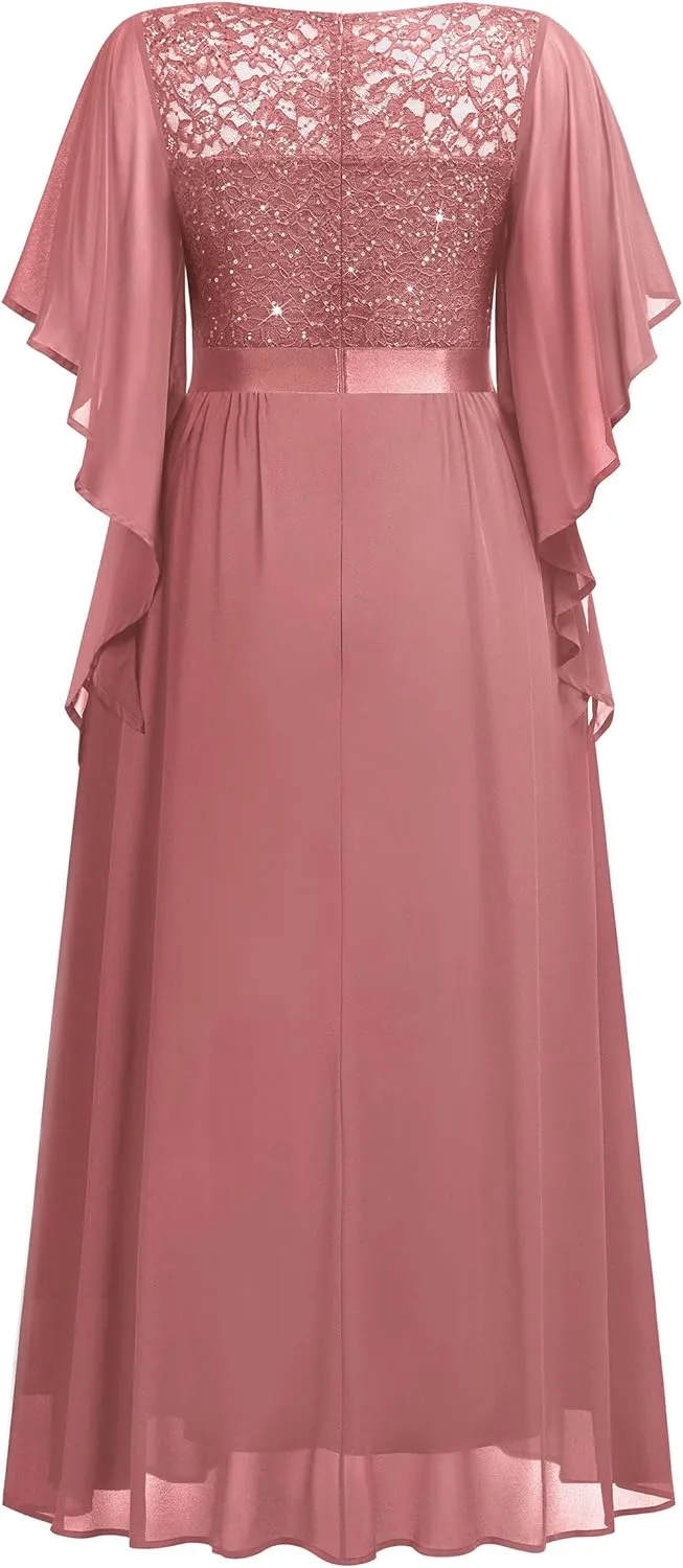 Miusol Women's Plus Size Sequin Lace with Ruffle Cape Cloak Sleeves Elegant Evening Wedding Party Maxi Dress