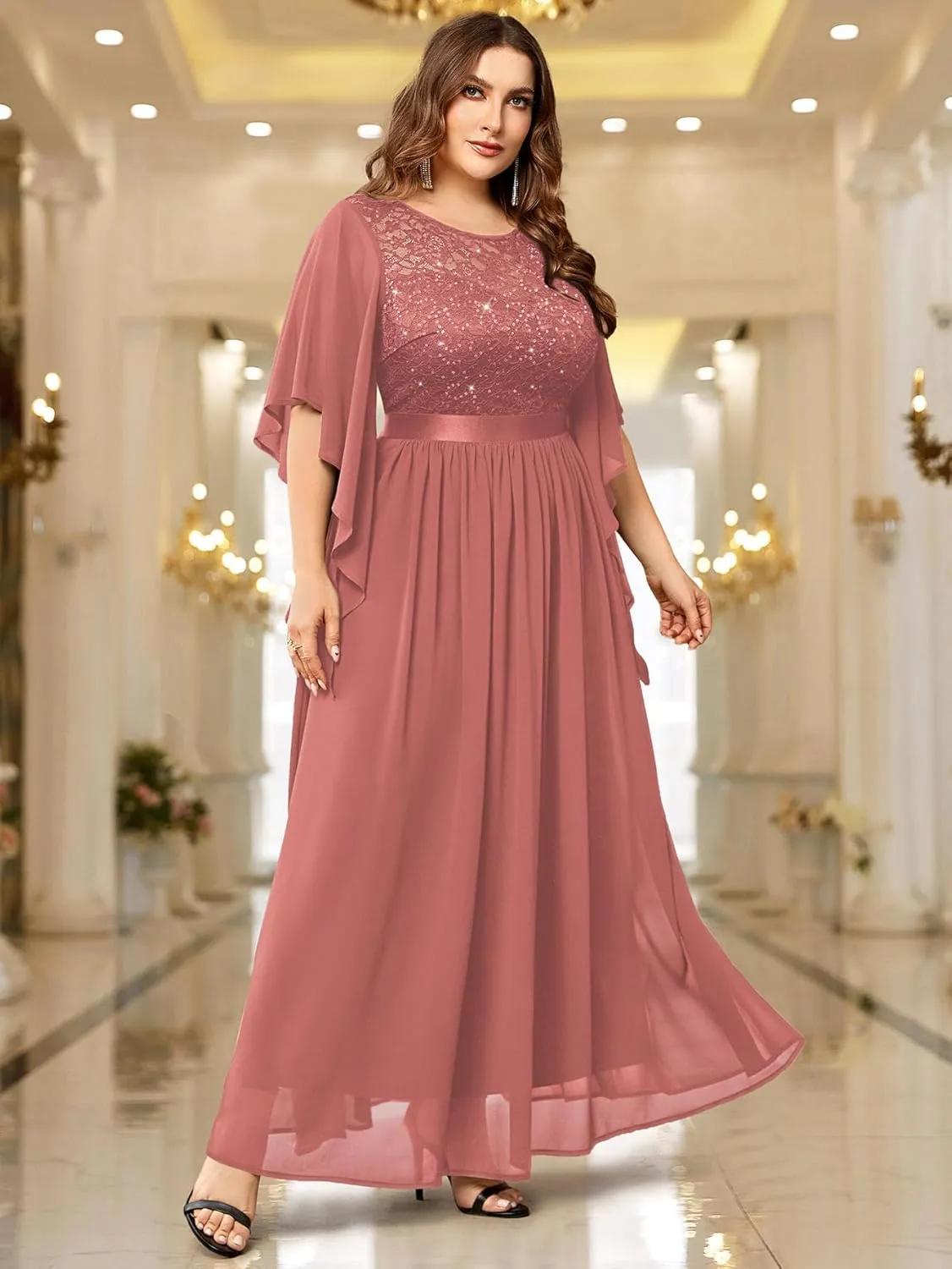 Miusol Women's Plus Size Sequin Lace with Ruffle Cape Cloak Sleeves Elegant Evening Wedding Party Maxi Dress