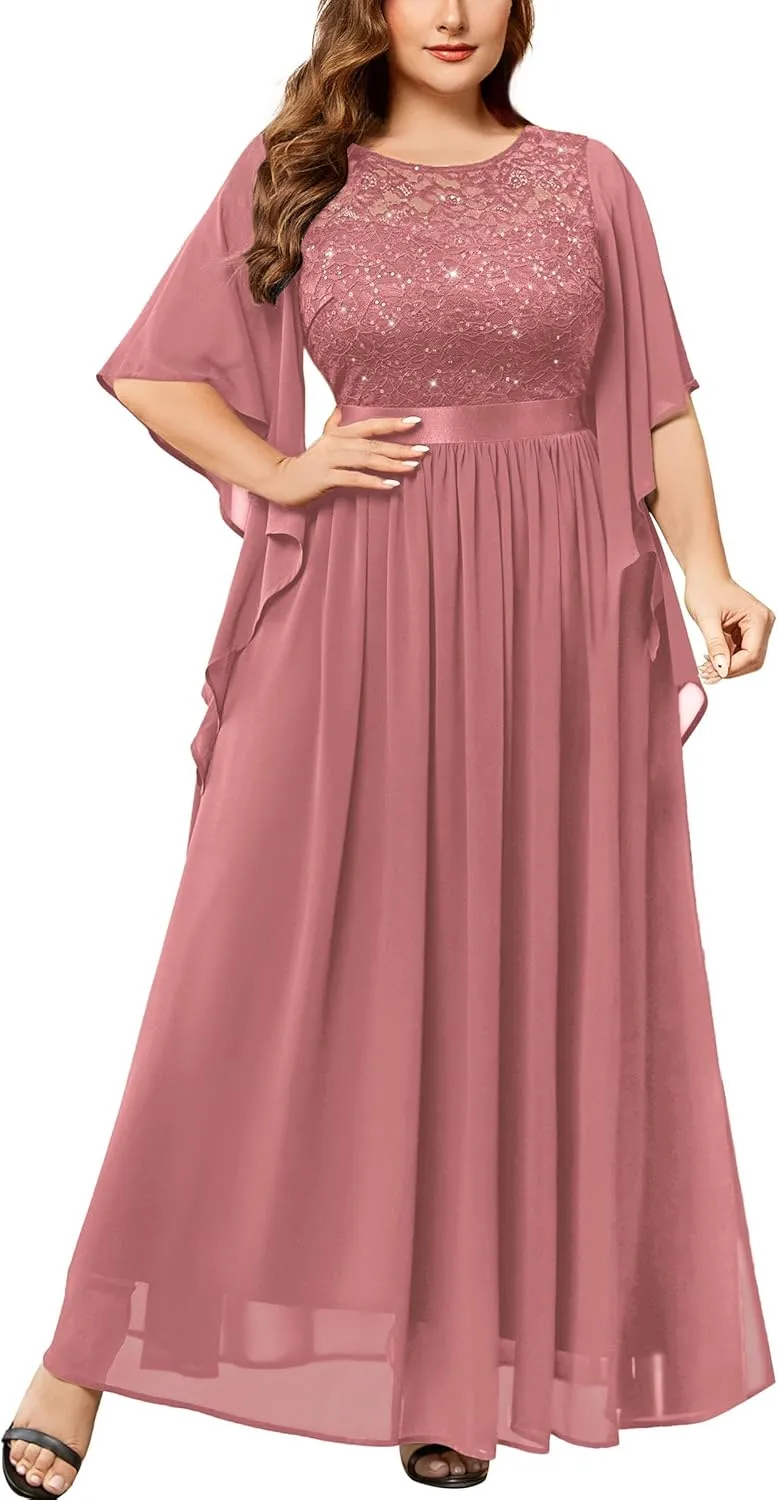 Miusol Women's Plus Size Sequin Lace with Ruffle Cape Cloak Sleeves Elegant Evening Wedding Party Maxi Dress