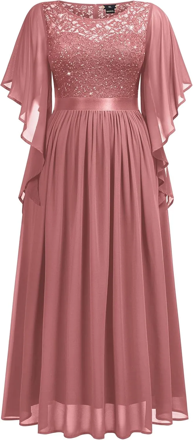 Miusol Women's Plus Size Sequin Lace with Ruffle Cape Cloak Sleeves Elegant Evening Wedding Party Maxi Dress