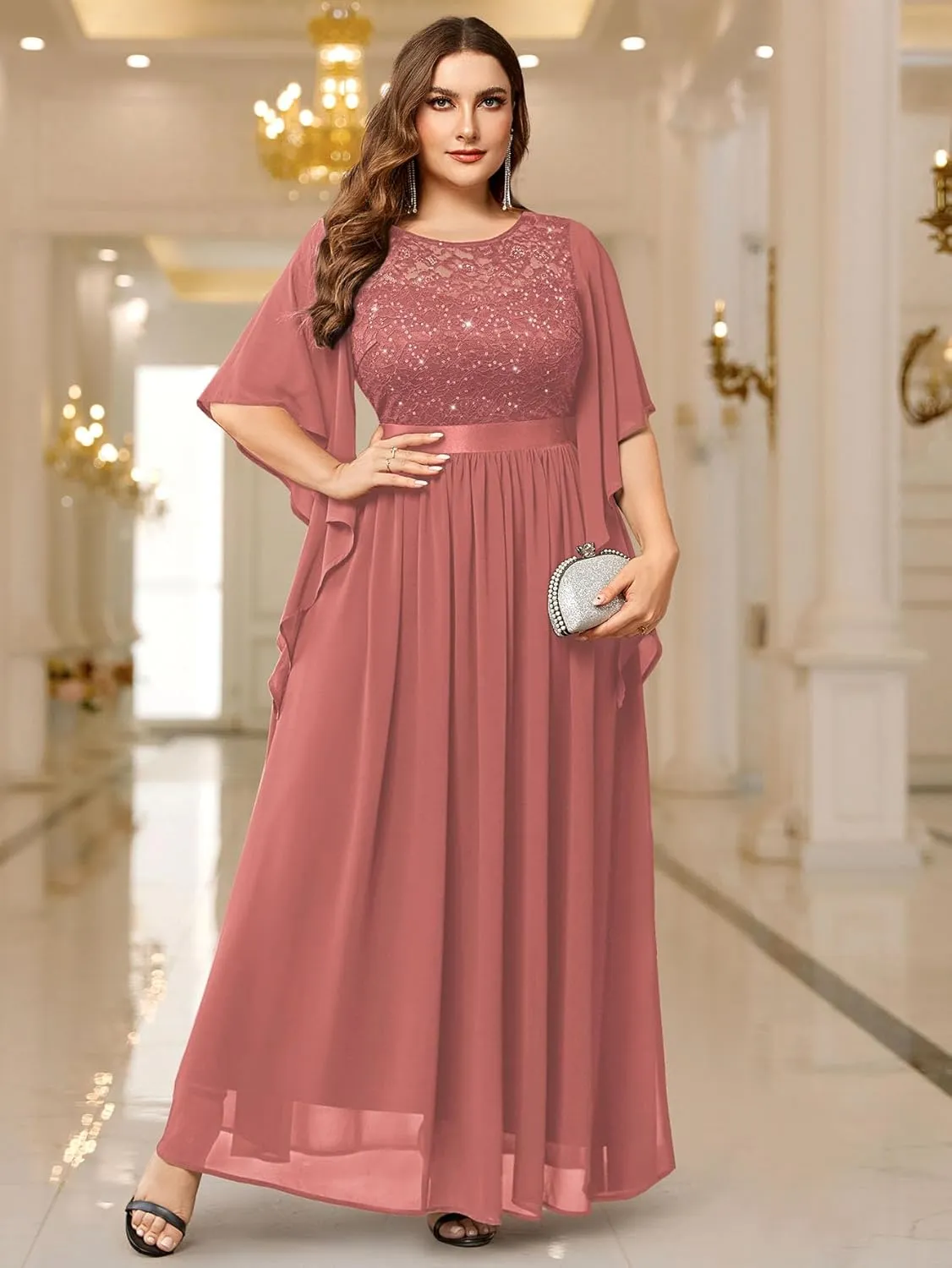 Miusol Women's Plus Size Sequin Lace with Ruffle Cape Cloak Sleeves Elegant Evening Wedding Party Maxi Dress