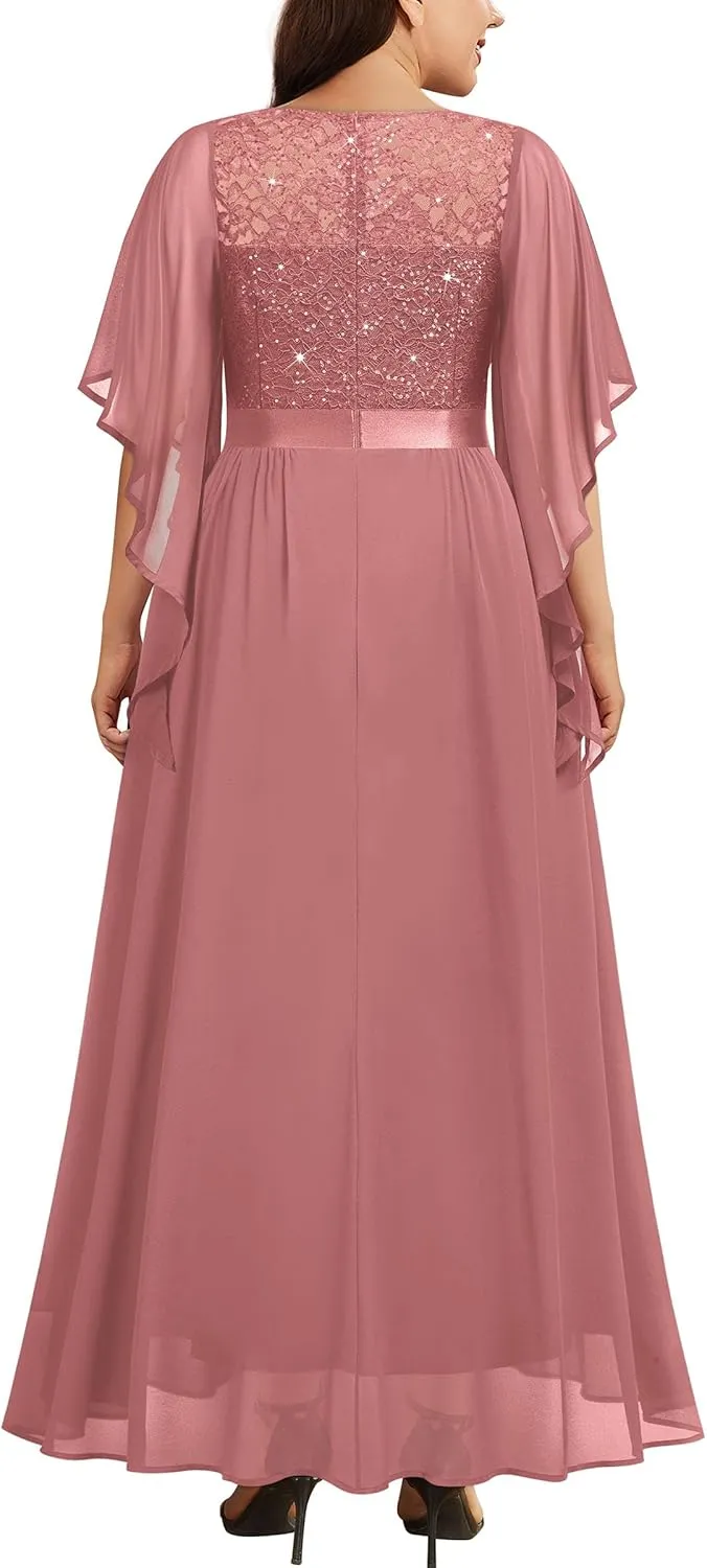 Miusol Women's Plus Size Sequin Lace with Ruffle Cape Cloak Sleeves Elegant Evening Wedding Party Maxi Dress
