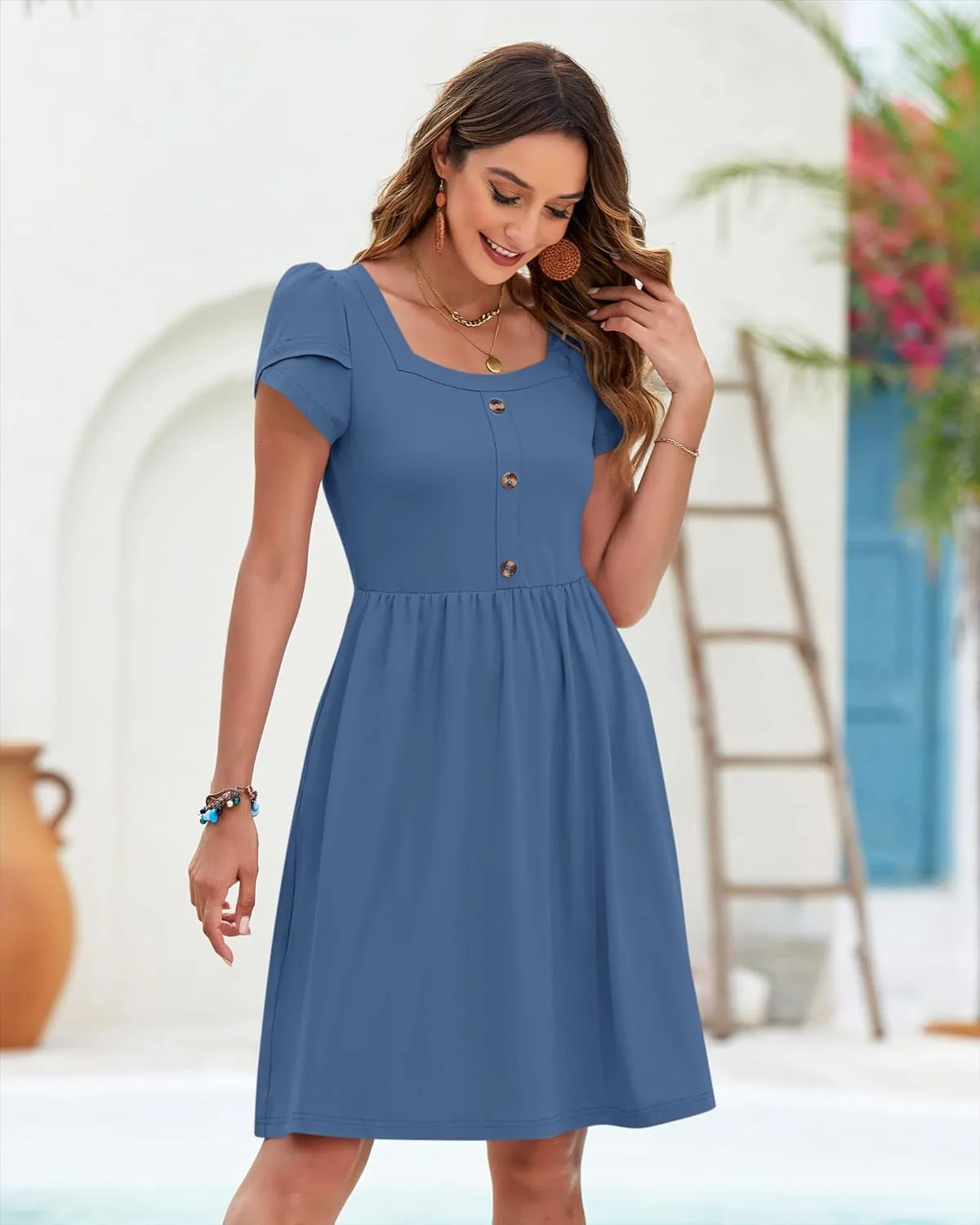 MOLERANI Women Summer Dresses Petal Sleeve Casual Square Neck Sundress Button Down 2025 Vacation Dress with Pockets