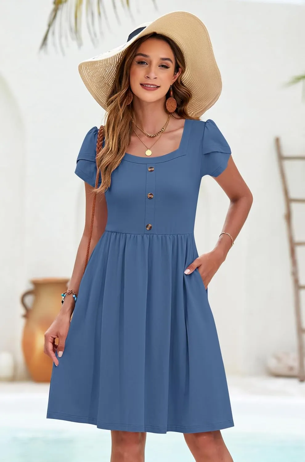 MOLERANI Women Summer Dresses Petal Sleeve Casual Square Neck Sundress Button Down 2025 Vacation Dress with Pockets