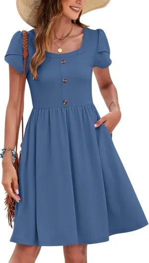 MOLERANI Women Summer Dresses Petal Sleeve Casual Square Neck Sundress Button Down 2025 Vacation Dress with Pockets