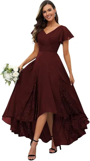 Mother of The Bride Dresses for Wedding Tea Length Lace Chiffon Flutter Sleeve Elegant Bridesmaid Dresses