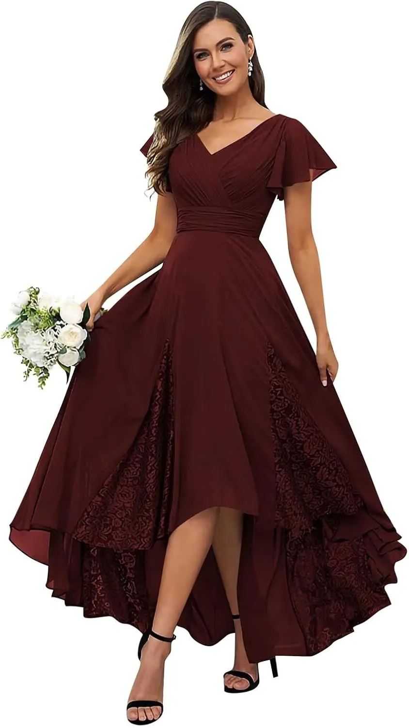 Mother of The Bride Dresses for Wedding Tea Length Lace Chiffon Flutter Sleeve Elegant Bridesmaid Dresses