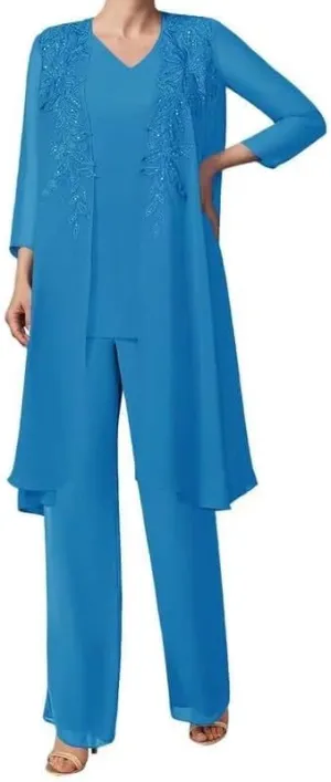 Mother of The Bride Pant Suits with Jacket Chiffon Evening Gowns Pantsuit 3PCs Wedding Guest Outfit Set