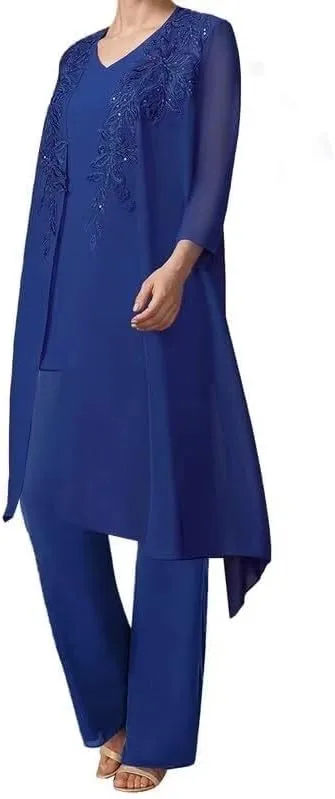 Mother of The Bride Pant Suits with Jacket Chiffon Evening Gowns Pantsuit 3PCs Wedding Guest Outfit Set