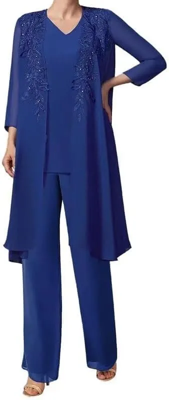 Mother of The Bride Pant Suits with Jacket Chiffon Evening Gowns Pantsuit 3PCs Wedding Guest Outfit Set