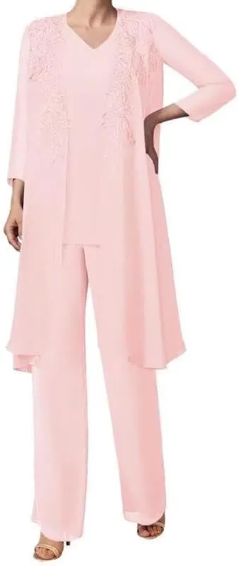 Mother of The Bride Pant Suits with Jacket Chiffon Evening Gowns Pantsuit 3PCs Wedding Guest Outfit Set