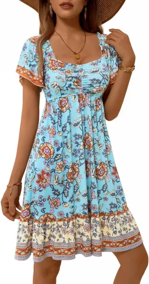 MSBASIC Womens Summer Dresses Sweetheart Neckline Boho Sundress Midi Ruffle Sleeve Vacation Dress