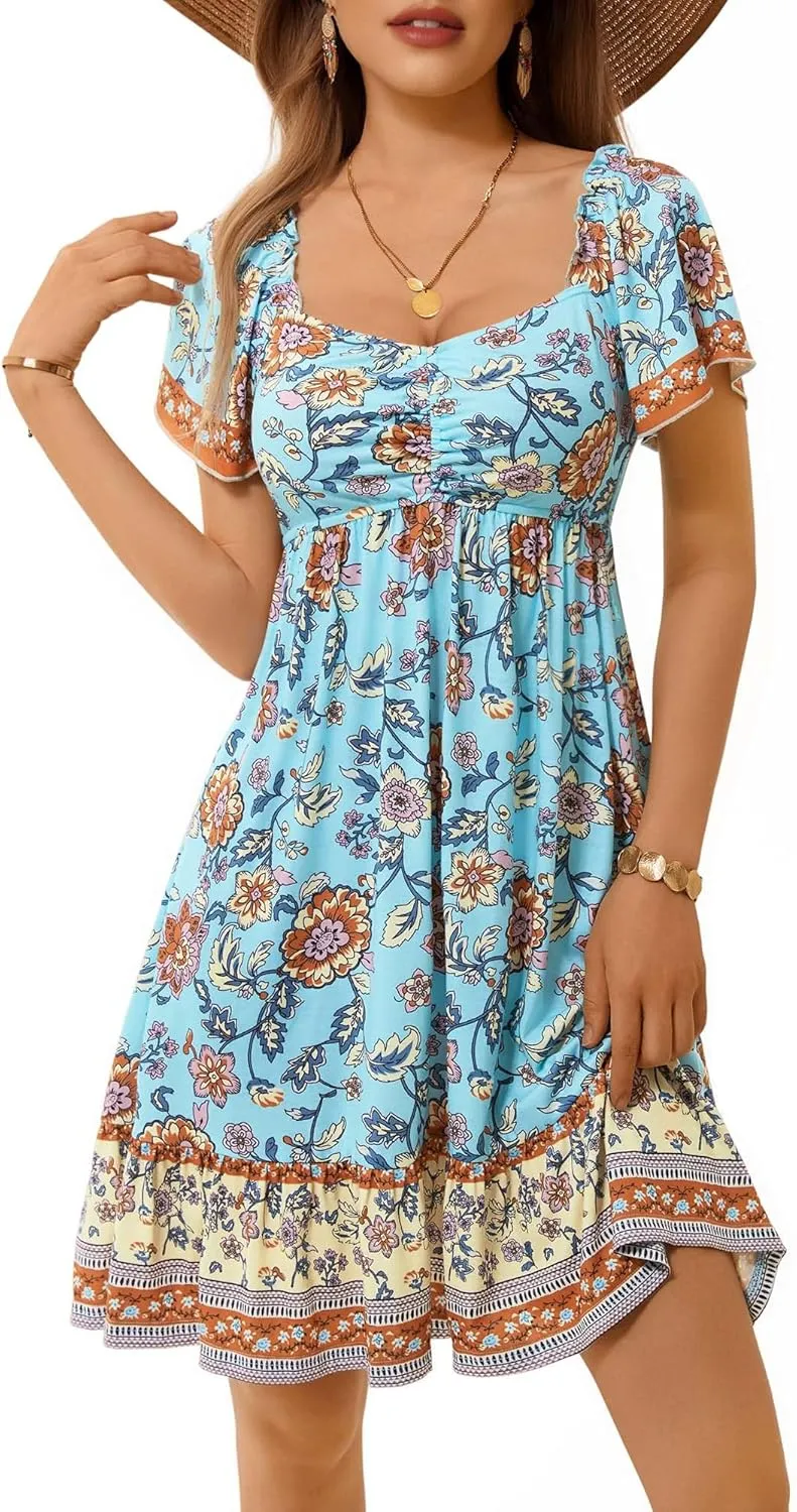 MSBASIC Womens Summer Dresses Sweetheart Neckline Boho Sundress Midi Ruffle Sleeve Vacation Dress