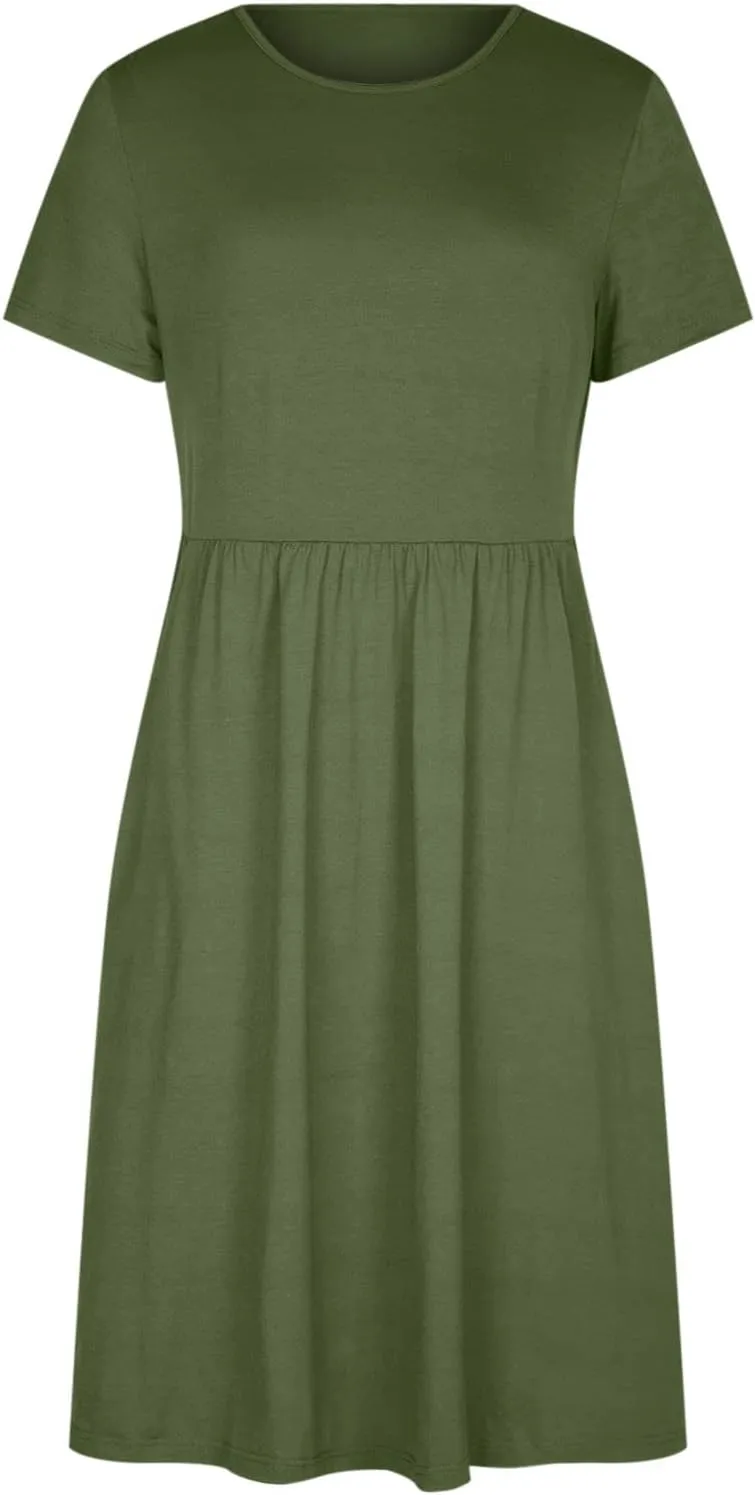NaRHbrg Women's Midi Dress Casual Loose Fit Short Sleeve T-Shirt Dresses with Pockets Summer Flowy Beach Dress Soft Outfit